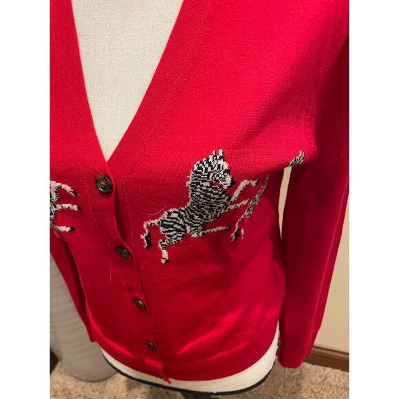 J. Crew Dancing Zebras Red Merino Wool Cardigan Sweater Medium - Picture 6 of 8